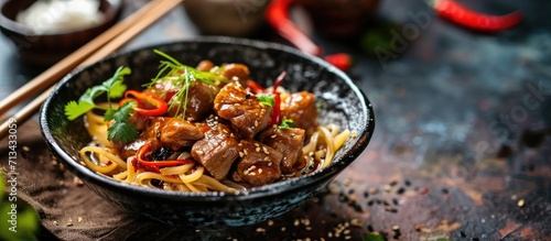 Noodles with Pork in Gravy Sauce Asian food style. Copy space image. Place for adding text