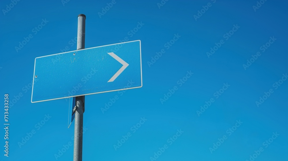 Blank Blue Road Sign with Right-Pointing Arrow Against a Clear Sky Blank Blue Road Sign with Right-Pointing Arrow Against a Clear Sky
