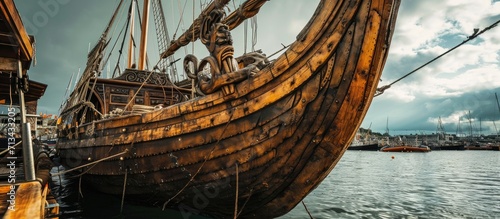 Photographie figurehead on the bow of a full scale replica of a viking ship moored in port