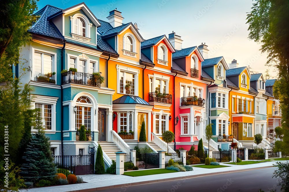 Row of townhouses, each painted in a different vibrant color: orange, pink, blue and yellow.