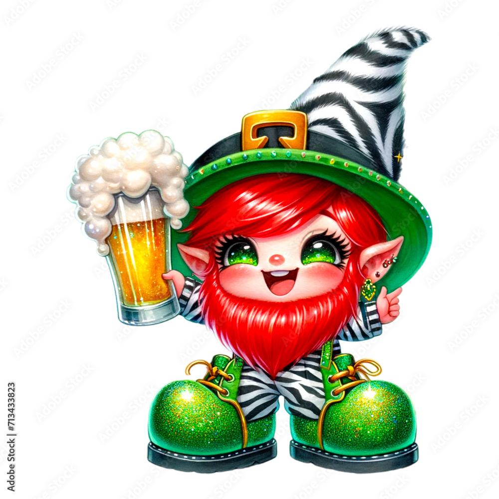 St.patrick's day Gnome in Festive St. Patrick's Attire, A whimsical watercolor illustration of a kawaii-style gnome with radiant red hair, dressed in St. Patrick's Day themed clothing