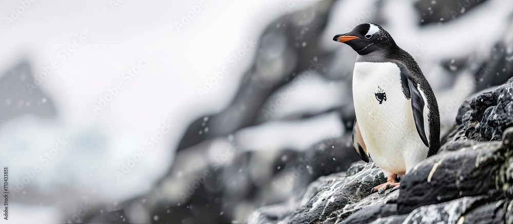 Fototapeta premium A Galapagos Penguin standing on a rock Spheniscus mendiculus. Copy space image. Place for adding text