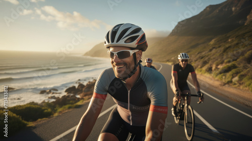 Triathletes cycling on a coastal road, smiling as they embrace the beauty of the sea