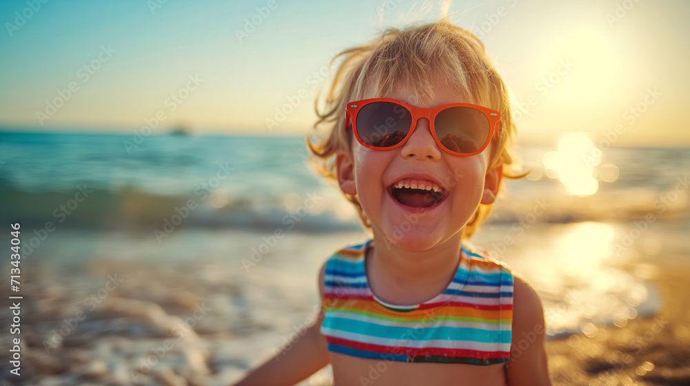 a little boy with sunglasses joyfully having a great time on a sunny beach during a warm day. toddler on the beach at summertime with copy space a little boy with sunglasses joyfully having a great time on a sunny beach during a warm day. toddler on the beach at summertime with copy space