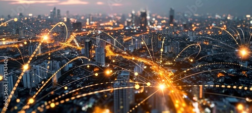 Modern cityscape at night with connection networks over the city concept of internet © MdImam