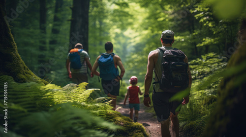 A family enjoying a trail run in the midst of a lush forest