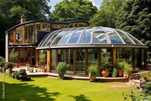 House with conservatory and solar roof. Generative AI photo