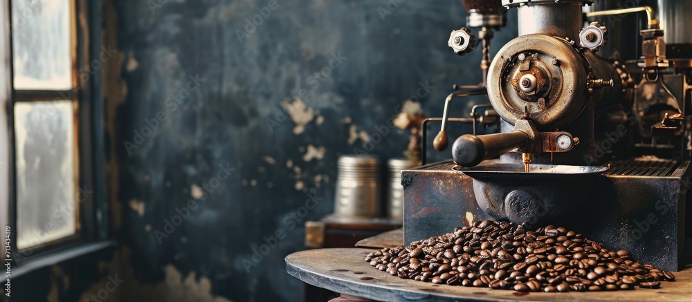coffee beans in roast machine arabica roasted coffee color vintage style Thailand. Copy space image. Place for adding text