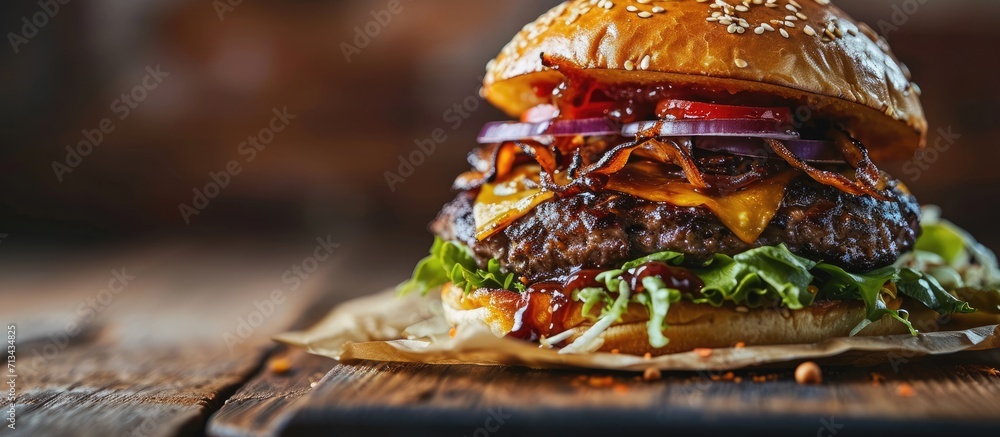 Double smash burger with caramelized onion close up. Copy space image. Place for adding text - obrazy, fototapety, plakaty 