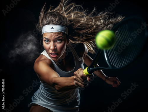 Kinetic portrait of a focused young female tennis player in the moment of hitting the ball with the racket during a tournament.