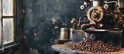 coffee beans in roast machine arabica roasted coffee color vintage style Thailand. Copy space image. Place for adding text photo