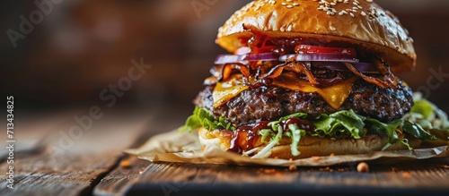 Double smash burger with caramelized onion close up. Copy space image. Place for adding text