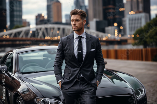 Sophisticated stylish man in a tailored suit, leaning confidently against a sleek luxury car, with an urban cityscape in the background, exuding elegance and success © bluebeat76