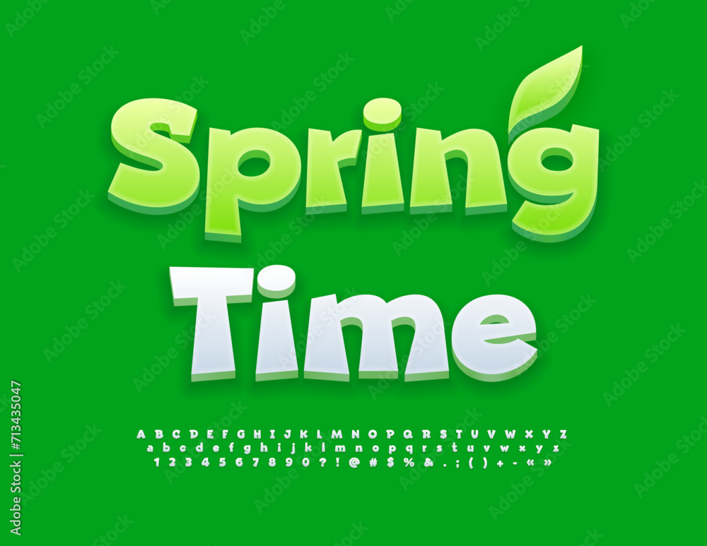 Vector seasonal card Spring Time with cute Font. Playful set of White Alphabet Letters, Numbers and Symbols. Vector seasonal card Spring Time with cute Font. Playful set of White Alphabet Letters, Numbers and Symbols.