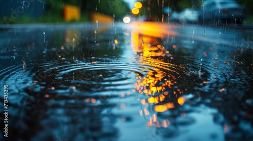 A rainy day in the city in summer. The texture of powerful drops and splashes of water. A puddle with ripples on the road      © Emil