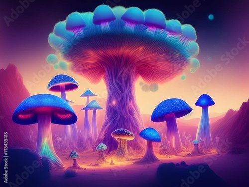 Festive Extraterrestrial Glowing Mushrooms on The Desert with Yellow Backlight Illustration Concept