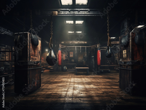 Dark vintage retro old gym boxing bag fitness sport martial arts room interior.  photo