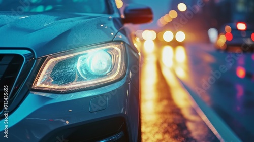 Close up car headlight running on city road     © Emil