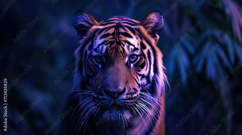 Tiger in forest. tiger in the jungle looking at the camera behind the leaves. beautiful tiger, mysterious forest. in dark purple and bright orange style Tiger in forest. tiger in the jungle looking at the camera behind the leaves. beautiful tiger, mysterious forest. in dark purple and bright orange style