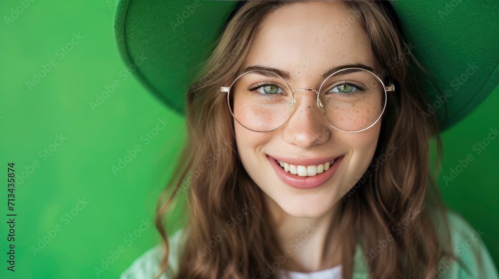 Young woman wearing a st patricks day hat against a green background - obrazy, fototapety, plakaty 