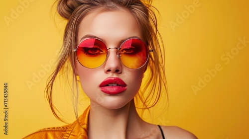 beautiful young woman in red and yellow sunglasses