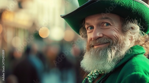 Man wearing green clothes participating in Saint Patrick's Day parade in Irish town photo