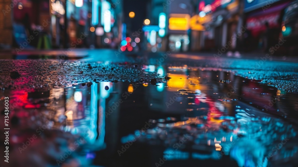 Close up of a puddle in a city at night     