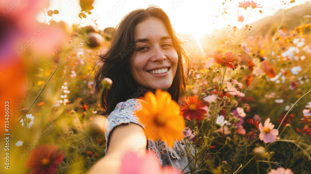 Young happy woman taking selfie in stylish summer dress feeling free in flower blossom field in sunshine, Girl enjoys flowers, Nature, vacation, relax and lifestyle, Summer landscape, generative ai - obrazy, fototapety, plakaty 