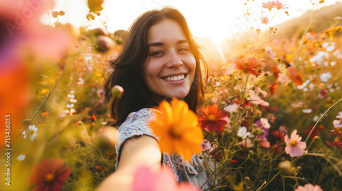 Young happy woman taking selfie in stylish summer dress feeling free in flower blossom field in sunshine, Girl enjoys flowers, Nature, vacation, relax and lifestyle, Summer landscape, generative ai photo
