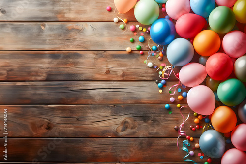 Colorful balloons and confetti on a wooden background, Copy space