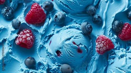 Close up of blue ice cream with fresh berried. Candy flavour ice cream.    