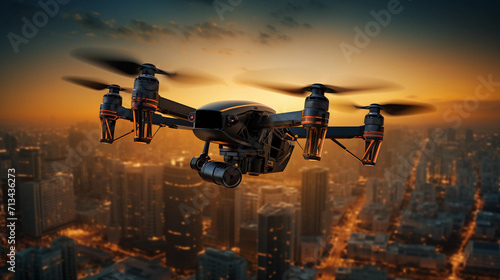 Drone with digital camera flying over a modern city at sunset 
