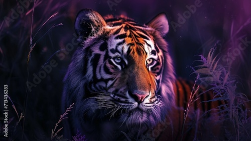 Tiger in forest. tiger in the jungle looking at the camera behind the leaves. beautiful tiger  mysterious forest. in dark purple and bright orange style