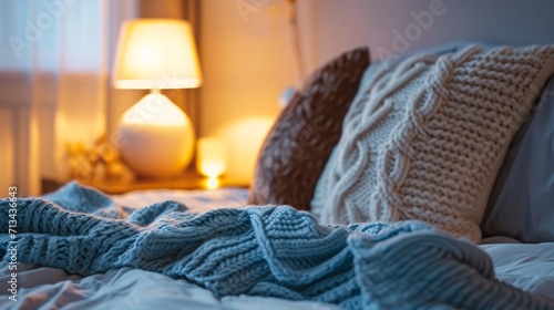 Close up of pillow on bed with lamp in background and blanket 