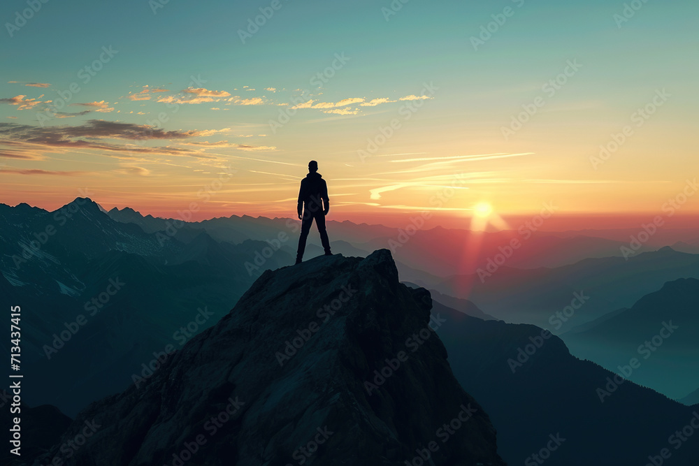 Mountain Summit Silhouette at Sunrise: A triumphant man stands on the rocky top, surrounded by the breathtaking beauty of nature, embodying success and freedom in her adventurous climb