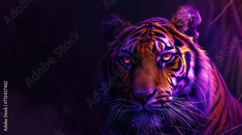Tiger in forest. tiger in the jungle looking at the camera behind the leaves. beautiful tiger  mysterious forest. in dark purple and bright orange style