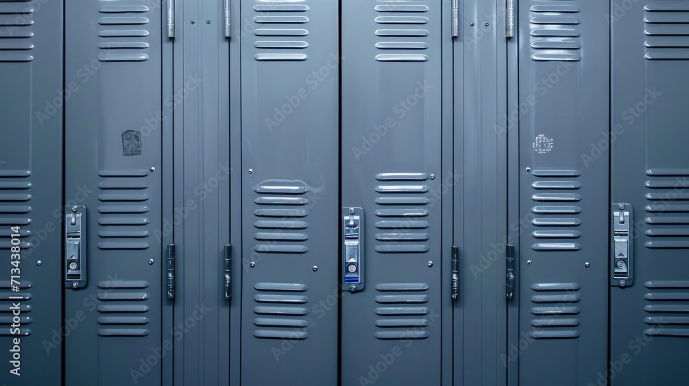 Gym locker. High school student storage cabinet, gray metal closet close up      - obrazy, fototapety, plakaty 