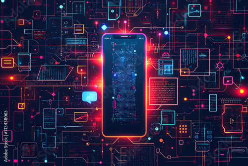 Ilustración de una pantalla de teléfono con iconos de aplicaciones, indicando desarrollo tecnológico 