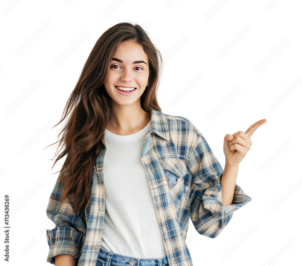 young smiling girl wearing casual clothes looking at the camera and pointing with finger to the right side. product presentation and advertisement young smiling girl wearing casual clothes looking at the camera and pointing with finger to the right side. product presentation and advertisement