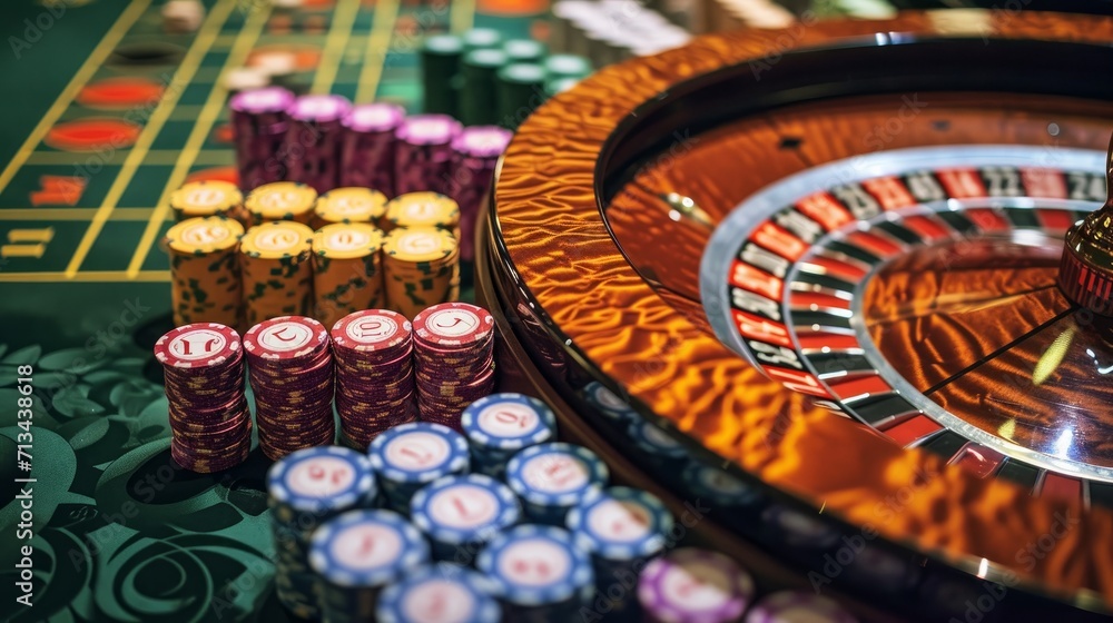 Old-fashioned gambling table with roulette in the middle. Rows of chips' piles are near the wheel.    