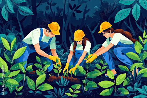 Ilustración de voluntarios reforestando lugares deforestados, plantando árboles