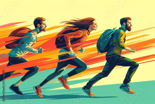 Ilustraci  n estilo Flat Design de personas corriendo hacia una meta  representando la idea de logro y   xito