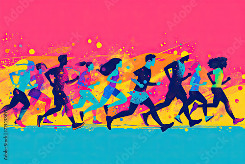 Ilustraci  n estilo Flat Design de personas corriendo hacia una meta  representando la idea de logro y   xito