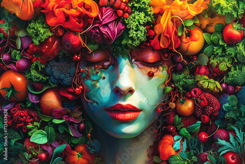 Ilustración que promueve una nutrición conscientey saludable, colorido, ecológico, vida sana, ilustración de mujer, Creado con IA © julio