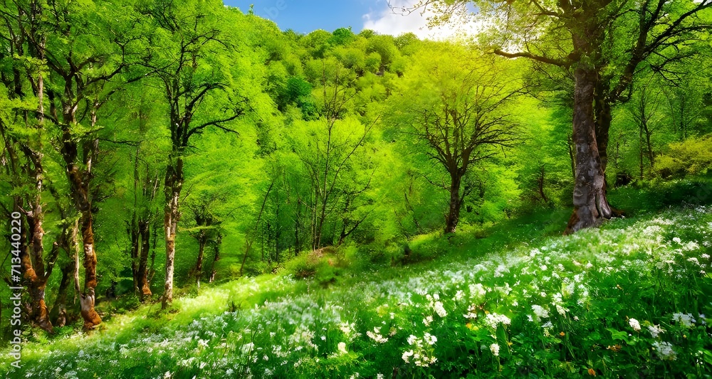Fototapeta premium green trees and flowers in spring, green unspoiled nature concept