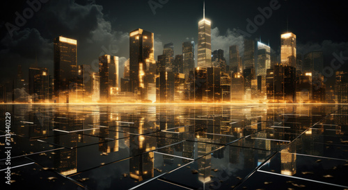 A wallpaper featuring digital skyscrapers in golden illumination, symbolizing economic growth and activity on the stock exchange, generative AI