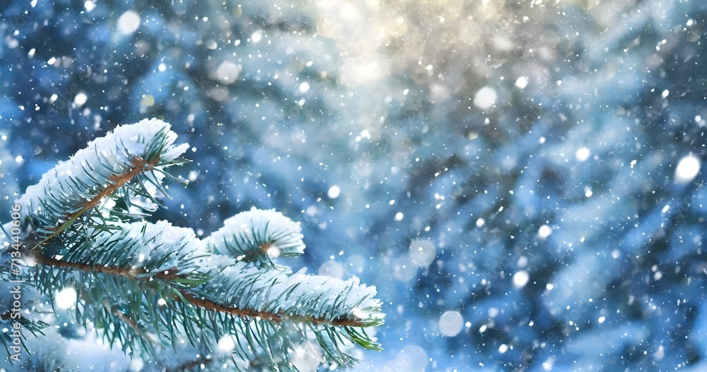 Snow fall in winter forest. Christmas new year magic. Blue spruce fir tree Snow fall in winter forest. Christmas new year magic. Blue spruce fir tree