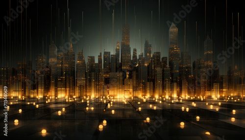 A wallpaper featuring digital skyscrapers in golden illumination, symbolizing economic growth and activity on the stock exchange, generative AI