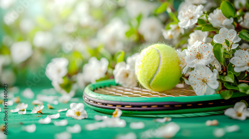 Tennis. Spring sport composition with yellow tennis ball lying on racket on tender light blue background with white blooming flowers. Sport and healthy lifestyle. Concept of outdoor game sports © KRISTINA KUPTSEVICH