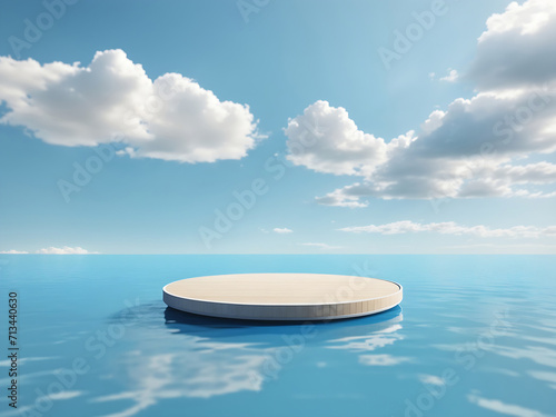 Abstract minimal concept. Beautiful blue sky clouds landscape background with podium stage platform on water. Mock-up template for product presentation design. 3D rendering. copy text space © Mahmud